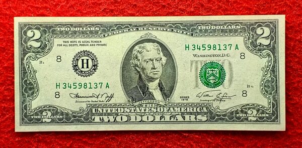 United States (USA) 2 Dollars Federal Reserve Note Thomas Jefferson 1976 Banknote (Green Seal)