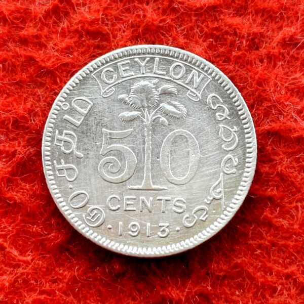 Ceylon (Sri Lanka) 50 Cents - George V 1913 Silver Coin