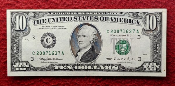 United States (USA) 10 Dollars Federal Reserve Alexander Hamilton With Security Thread 1995 Banknote (Green Seal) 