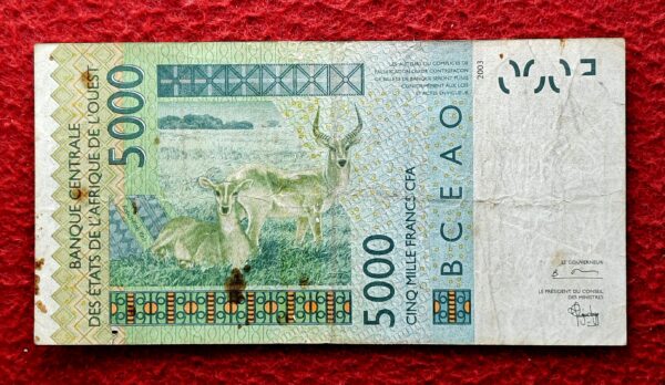 Western African States 5000 Francs Antelopes 2003 Banknote - Image 2