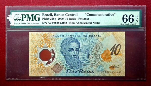 Brazil 10 Reais Pedro Alvares Cabral 2000 Commemorative Polymer Banknote (PMG) Graded 66 Gem Uncirulated EPQ