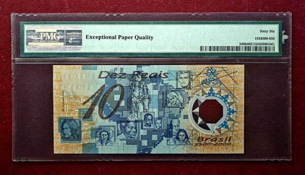 Brazil 10 Reais Pedro Alvares Cabral 2000 Commemorative Polymer Banknote (PMG) Graded 66 Gem Uncirulated EPQ - Image 2