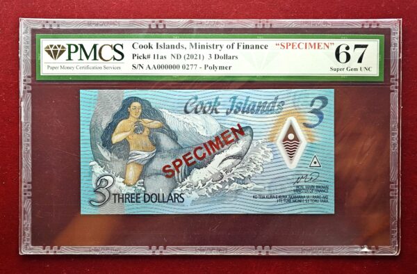 Cook Islands 3 Dollars 2021 "Specimen" No 0277 Polymer Banknote (AA000000) PMCS 67 Super Gem UNC