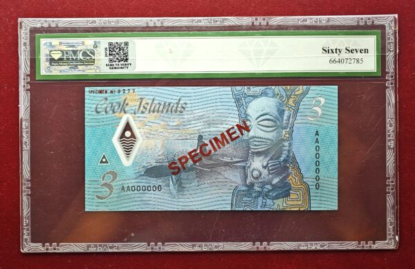 Cook Islands 3 Dollars 2021 "Specimen" No 0277 Polymer Banknote (AA000000) PMCS 67 Super Gem UNC - Image 2