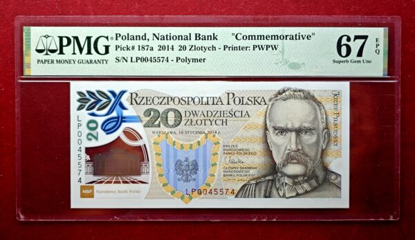 Poland 20 Zlotys Polish Legions 2014 Commemorative Polymer Banknote (PMG) Graded 67 Superb Gem UNC EPQ