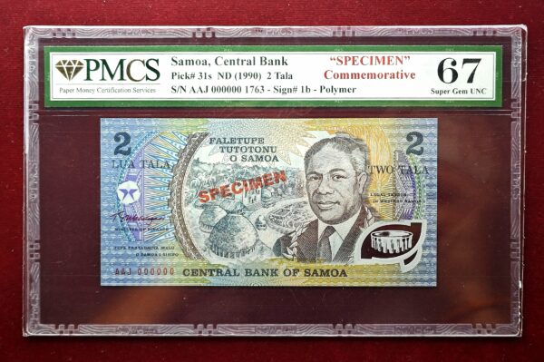 Samoa 2 Tala Golden Jubilee 1990 "Specimen" Commemorative Polymer Banknote (PMCS) Graded 67 Super Gem UNC