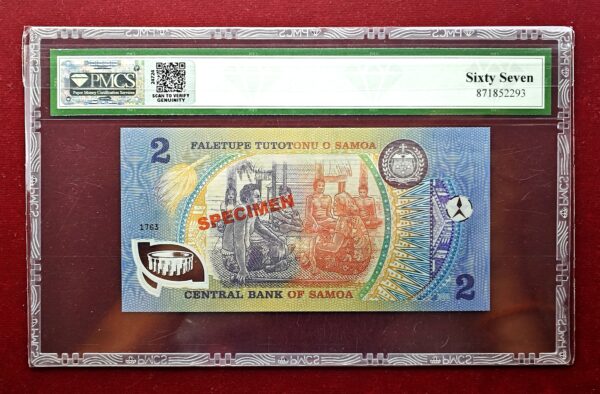 Samoa 2 Tala Golden Jubilee 1990 "Specimen" Commemorative Polymer Banknote (PMCS) Graded 67 Super Gem UNC - Image 2