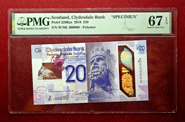 Scotland 20 Pounds Clydesdale Bank 2019 "Specimen" Polymer Banknote (PMG) Graded 67 Superb Gem UNC