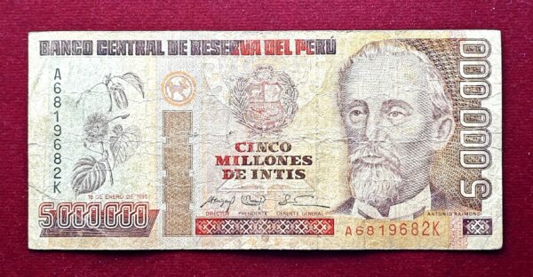 Peru 5000000 Intis Antonio Raimondi 1991 Banknote