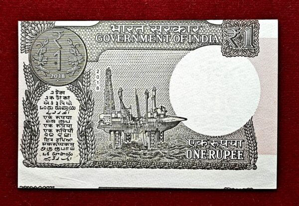 1 Rupee 2018 Subhash Garg "Off Center" Error Note (93A 353602) - Image 2