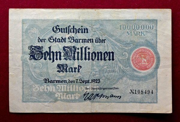 City of Barmen 10 000 000 Mark 1923 Banknote