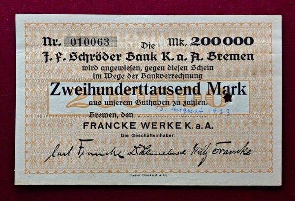  City of Bremen 200 000 Mark Francke Werke 1923 Banknote