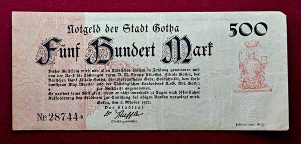 City of Gotha (Thuringia) 500 Mark 1922 Banknote