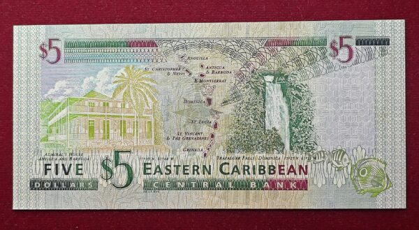 Eastern Caribbean 5 Dollars Queen Elizabeth II 2000 Banknote  - Image 2