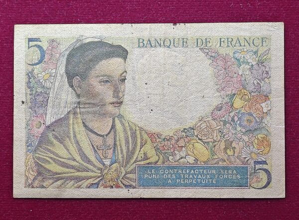 France 5 Francs Berger 1943 Banknote - Image 2