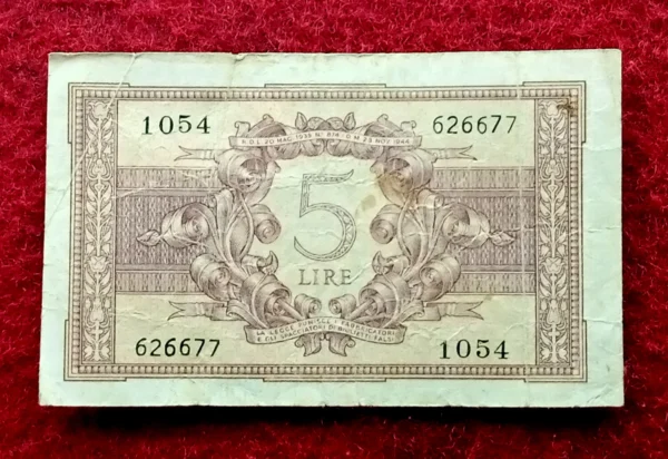 Italy 5 Lire 1944 Banknote  - Image 2