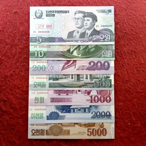 North Korea Spiceman No 000000 Set of 7 Notes (5, 10, 200, 500, 1000, 2000, 5000 Won) - Image 2