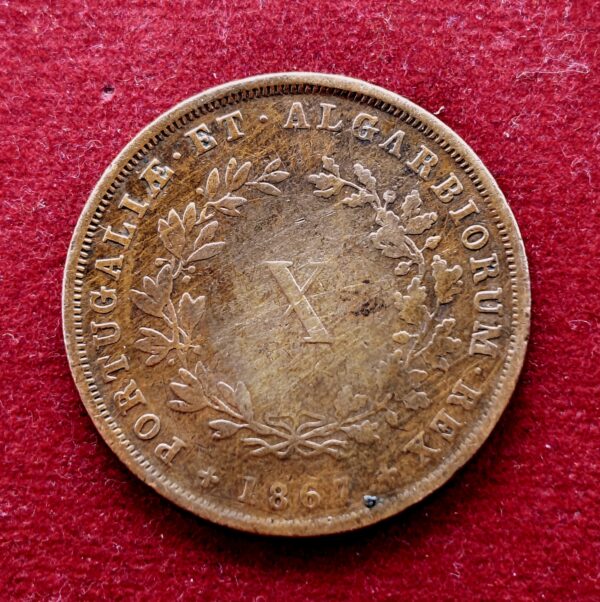 Portugal 10 Reis Luiz I 1867 Coin (Crown size)