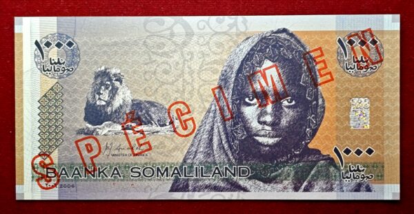 Somaliland 1000 Shillings Reclining Lion 2006 "Specimen" Banknote - Image 2