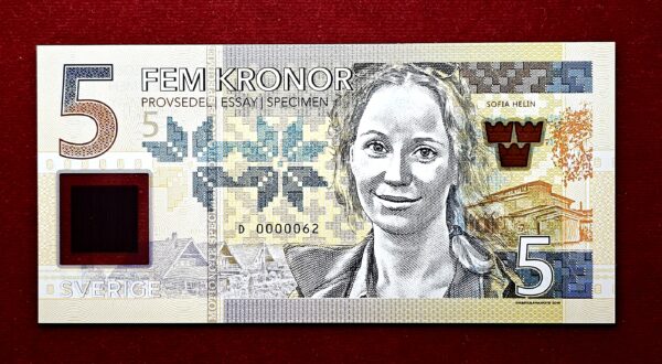 Sweden 5 Kroner Fantasy Issue Sofia Helin 2017  "Specimen" Polymer Banknote 