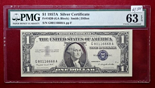 United States (USA) 1 Dollar Silver Certificate Blue Seal 1957 Banknote PMG Graded 63 EPQ Choice Uncirculated